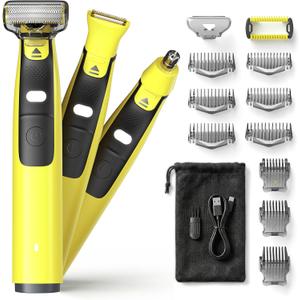 Mens 3-in-1 Grooming Kit, Electric Shaver with LED Light, USB-C Rechargeable, IPX6 Wet/Dry Body & Groin Groomer, Nose Trimmer and Detail Trimmer Head, 16mm Guide Combs, Body Comb, Travel Bag