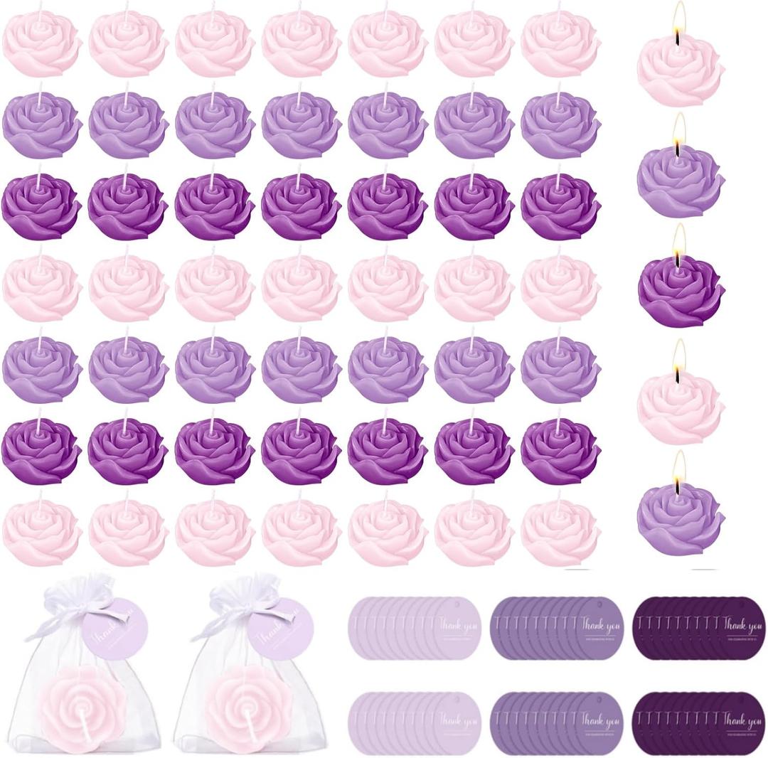Treela 24 Set Flower Candles Wedding Favor for Guests Mini Purple Rose Shaped Tealight Candles for Return Gift Wedding Birthday Bridal Shower Housewarming Party