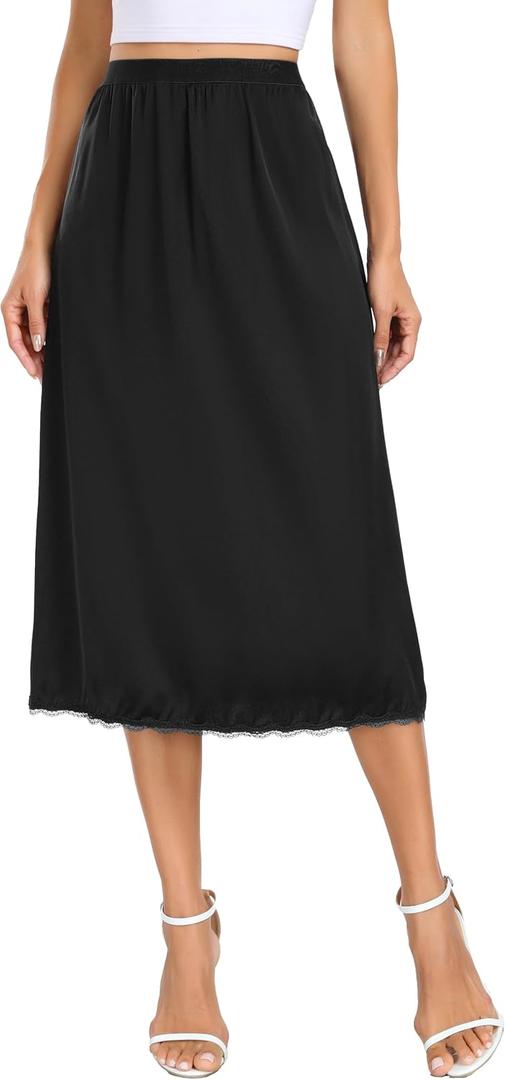 Vlazom Women's Satin Half Slip for Under Dress Long Underskirt Soft Under Slips for Women Under Dresses (Black, S)