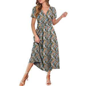 Prinbara Womens Summer Casual Wrap Short Sleeve Floral Maxi Dress 2025 Spring Elegant V Neck Flowy Boho Beach Long Dresses ( XL )