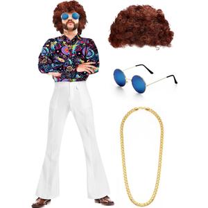 Eurzom Disco Costume Set Including Men's Disco Shiny Shirt Pant Funky Afro Wig Necklace Sunglasses for 60/70/80/90s Party (Large, Neon Style)