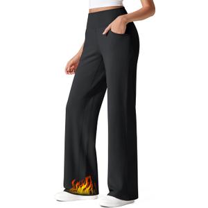 G4Free Fleece Lined Pants Women Wide Leg Work Trousers with Pockets High Waisted Sweatpants for Casual Dress Winter (X-Large Petite, Black)