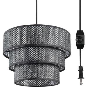 Lamp Shades for Floor Lamps Pendant Light Replacement, 3-Tier Drum Lamp Shade with Rattan Woven for Living Room Dining Hall Bedroom (Black)