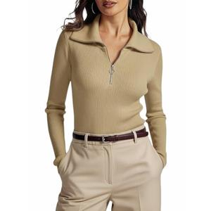Prettywear Womens 2024 Fall Sweater Tops Long Sleeve Zipper V Neck Ribbed Knit Slim Fit Collared Work Basic Shirts(Khaki,M)
