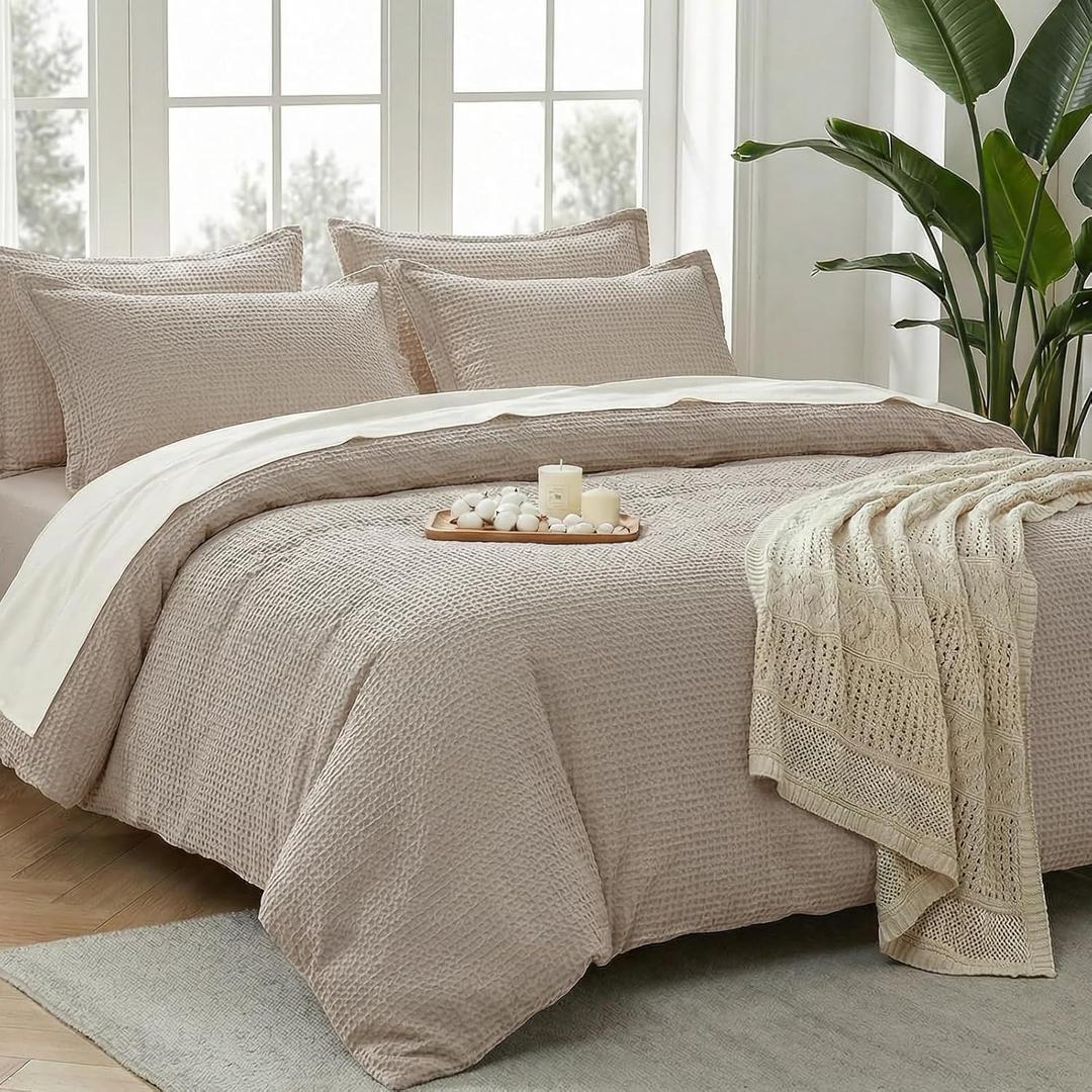 Waffle Weave Duvet Cover King -100% Cotton Breathable Bedding Set, Easy Care, Soft & Cozy Comforter Cover for All Season with Corner Ties, 3 Pieces with Pillow Shams,104x90(Linen)