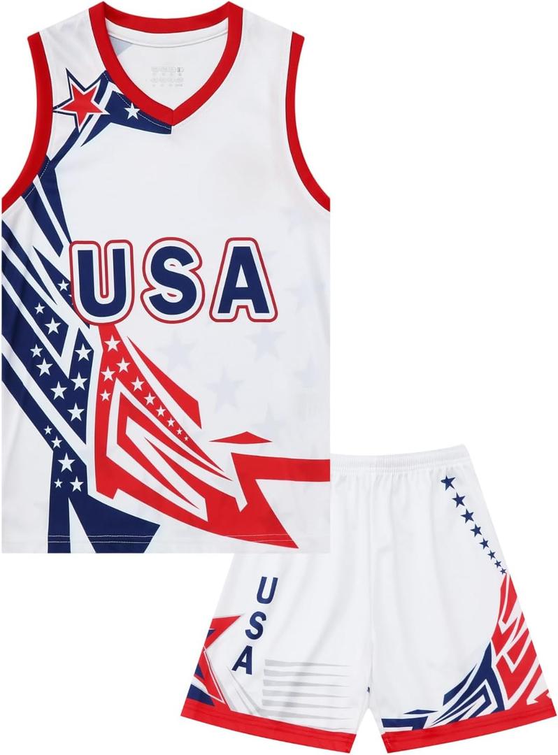 Kids USA Basketball Jersey Set Boys American Flag Athletic Shirts Sleeveless Tank Top and Track Shorts (Medium, Red)