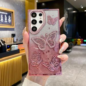 LUVI Compatible with Galaxy S25 Ultra Bling Case Plating Glitter Luxury 3D Butterfly Sparkle Cute Slim Bumper Protective Shockproof for Women Girls -Pink