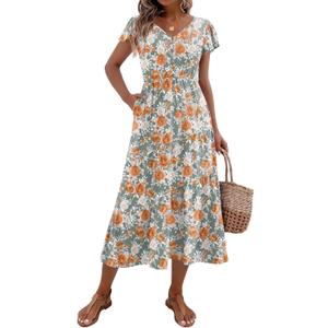 Zeagoo Women's Summer Casual Dress Flutter Short Sleeve V Neck Button Down Tiered Flowy Long Dress with Pockets (XL)
