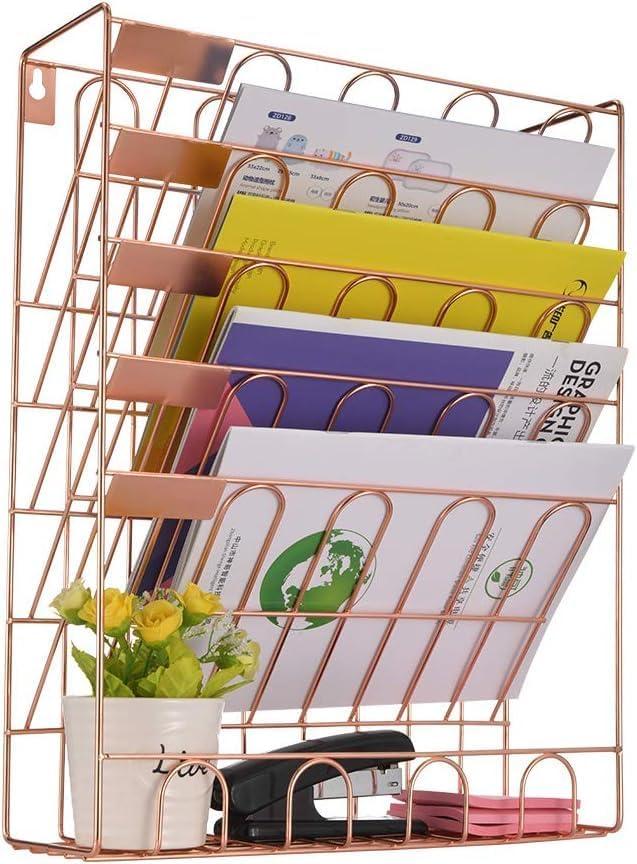 Spacrea Hanging File Holder Organizer - 6 Tier Wall Mount File Organizer for Women, Hanging Wall File for Office, School or Home, Rose Gold