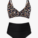Women's High Waisted Bikini Sets Push Up Twist Front Spaghetti Straps Ruched Two Piece Swimsuit Bathing Suit Flower Black Medium
