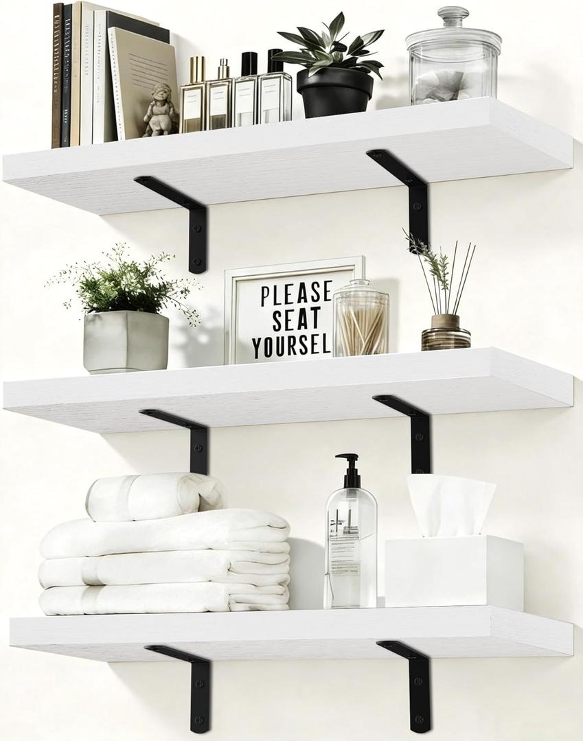 Easy Install Floating Shelves, 15.7 Inch Wall Mounted Wood Shelf,Hanging Shelf for Home Decor, Books and Storage, Small Organizer for Bedroom, Bathroom, Kitchen, Set of 3, White