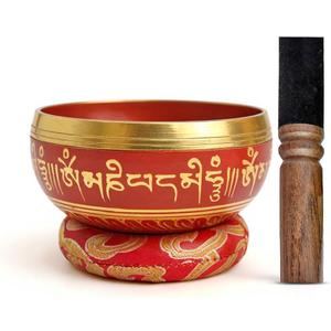Tibetan Singing Bowl Set Brass - Master Healing Grade - Authentic Handcrafted Sound Bowl by Himalayan Bazaar (Red)