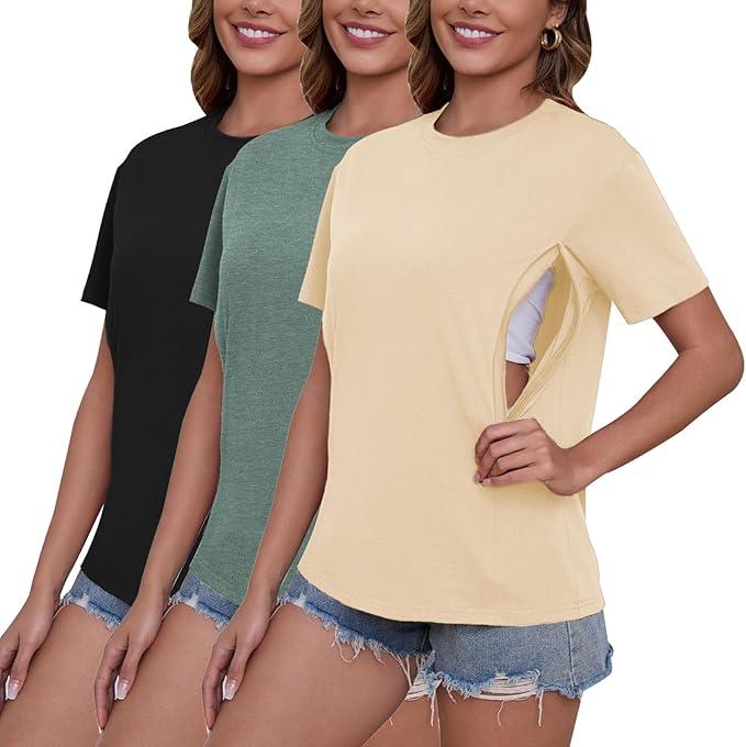 Ecavus Women's 3-Pack Nursing Shirts for Breastfeeding with Hidden Zippers Loose Fit Maternity Tops M