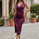 Deep V Neck Wrap Formal Midi Cocktail Dress Sleeveless Thigh Slit Ruffle Ruched Fall Wedding Guest Dress for Women (M)