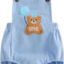 Suolongsama Baby Boy Birthday Outfit Animal One Embroidery Sleeveless Romper Backless Bodysuit Cake Smash Cute Summer Clothes (12-18 Months, Blue)