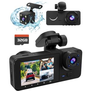 3 Channel Dash Cam,4K+1080P Dash Cam Front and Rear Inside, Dash Camera for Cars, Triple Car Camera with 32GB Card,Built-in G-Sensor, 2 IPS Display Car Camera,Loop Recording,24Hr Parking (Black)