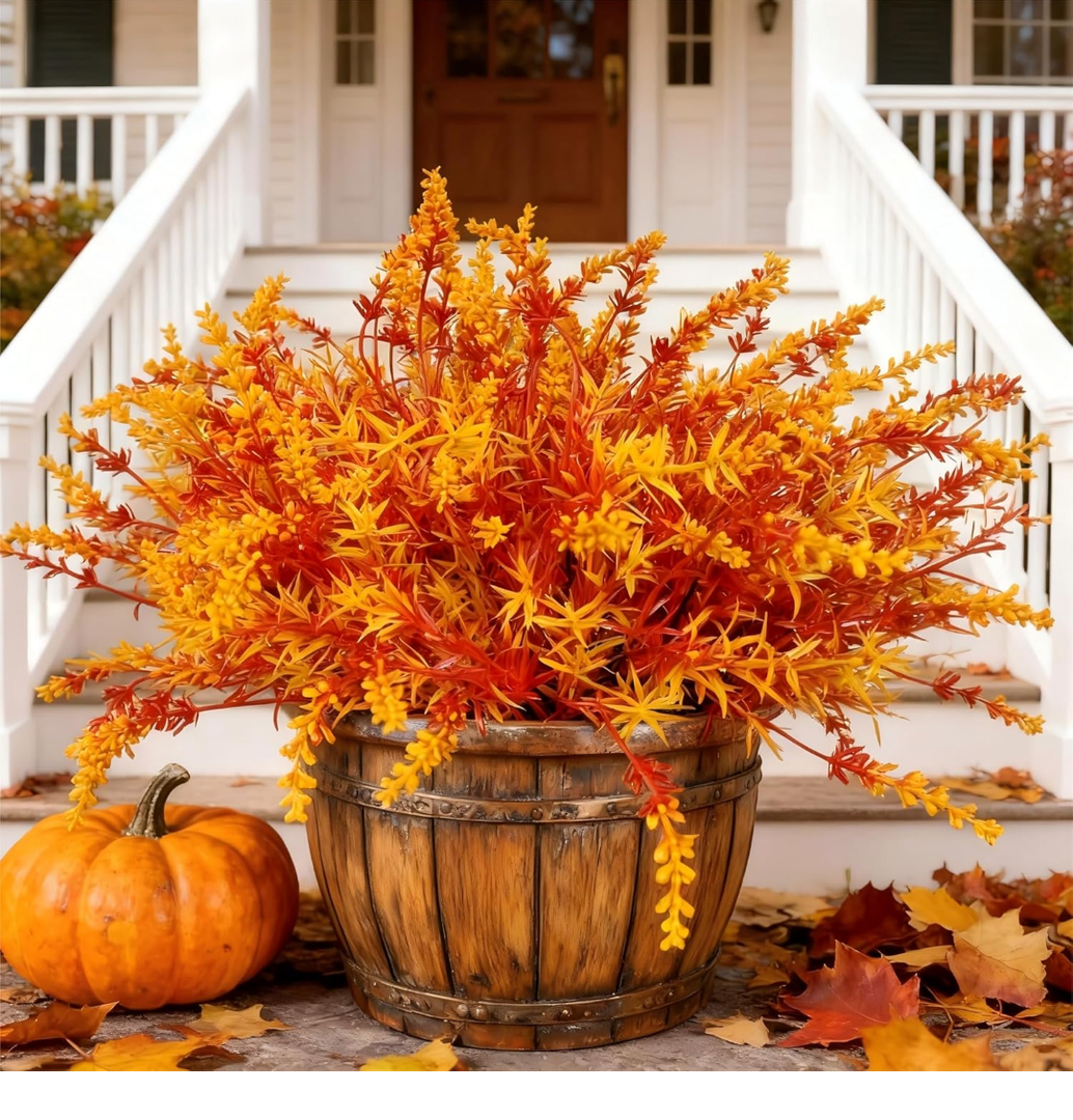 Geegoods 16 Bundles Artificial Fall Flowers Outdoor – Faux Lavender Flowers with Monkey Grass UV Resistant Plastic Faux Plants for Halloween Front Door Porch Patio Yard Balcony Decor, Orange Color