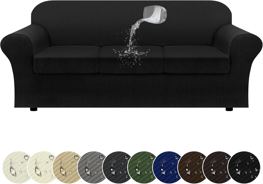 100% WaterproofCouch Cover 4-Piece Set Striped Sofa Slipcovers for 3 Cushion Couch Sofa Covers with TPU Leakproof Bottom Stretch Couch Protector Pet Proof - Sofa(3-Cushion), Black