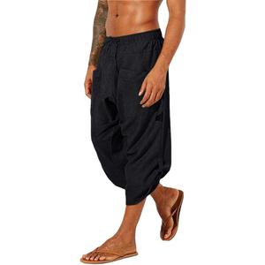 Gafeng Mens Linen Harem Capri Pants Drawstring 3/4 Shorts Casual Beach Yoga Hippie Thai Pants (X-Large, Black)