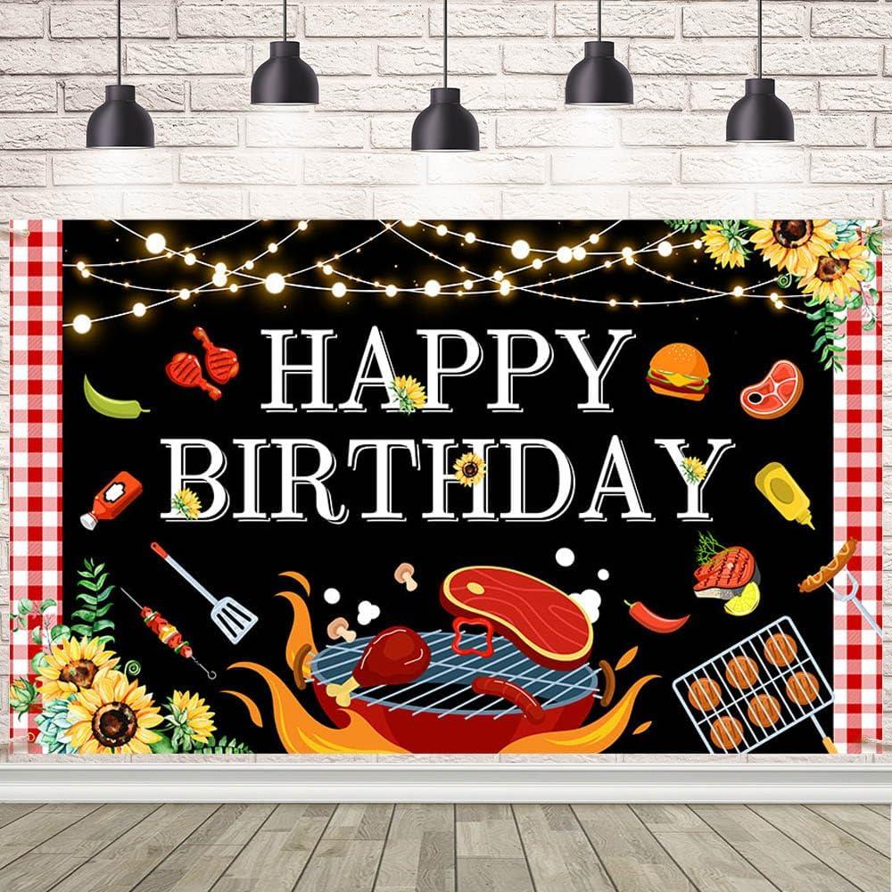 BBQ Birthday Party Decorations Large BBQ Happy Birthday Banner Red and White Gingham Picnic Banner Backdrop for BBQ Birthday Barbecue Party Supplies Yard Outdoor 7x5ft