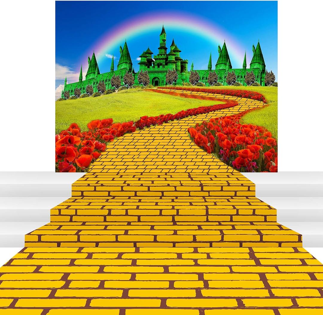 Outus 2 Pcs Large Runner Brick Road Runner and Emerald Castle Backdrop Halloween Party Decorations Brick Road Backdrop Floral Rainbow Photography Background Princess Decorations Party Supplies