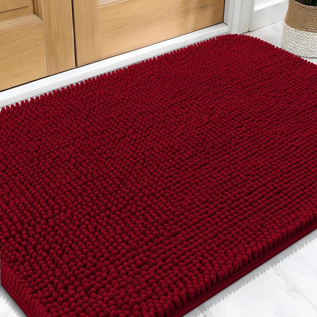 OLANLY Dog Door Mat for Muddy Paws 34x21, Absorbs Moisture and Dirt, Absorbent Non-Slip Washable Doormat, Quick Dry Chenille Mud Mat for Dogs, Entry Indoor Entryway Carpet for Inside Floor, Red