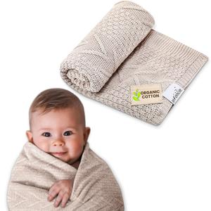 Organic Cotton Baby Blanket - 31.5 x 43.3 Inches, Soft Knitted Crib Blanket for Boys & Girls, Breathable Design (Beige)