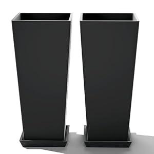 Set of 2 Tall Planters for Outdoor Plants, Black | 24 Inch Plant Pots with Drainage Hole & Trays, Plastic Tapered Flower Pots for Plants, Weather-Resistant