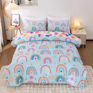 Btargot Lightweight Soft 3 Piece Rainbow Comforter Set with 2 Pillow Covers, Cartoon Love Hearts Suns and Stars Bedding Set for Girls Boys Kids, Twin Light Blue
