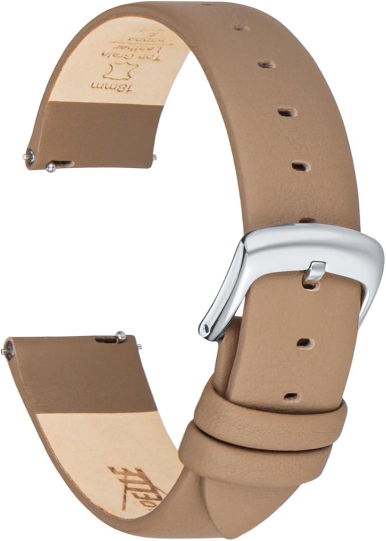 Leather Watch Band Strap Quick Release, Ultra-Soft Top Grain Nappa Leather Watch bands for Women Men, Choice of Width 12mm 14mm 16mm 18mm 20mm 22mm for Watch & Smartwatch Turtledove Grey Leather (Silver Buckle)