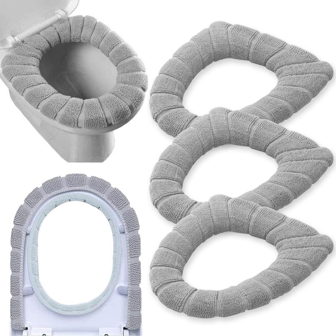Bathroom Soft Thicker Warmer Stretchable Washable Cloth Toilet Seat Cover Pads 3PCS (Blue Green Gray) (Gray,Gray,Gray)