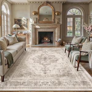 PureCozy Area Rug 8x10 Beige Washable Living Room Carpet Non Slip Vintage Medallion Indoor Bedroom Carpet Low Pile Soft Retro Distressed Large Rug Home Office Dining Room Playroom