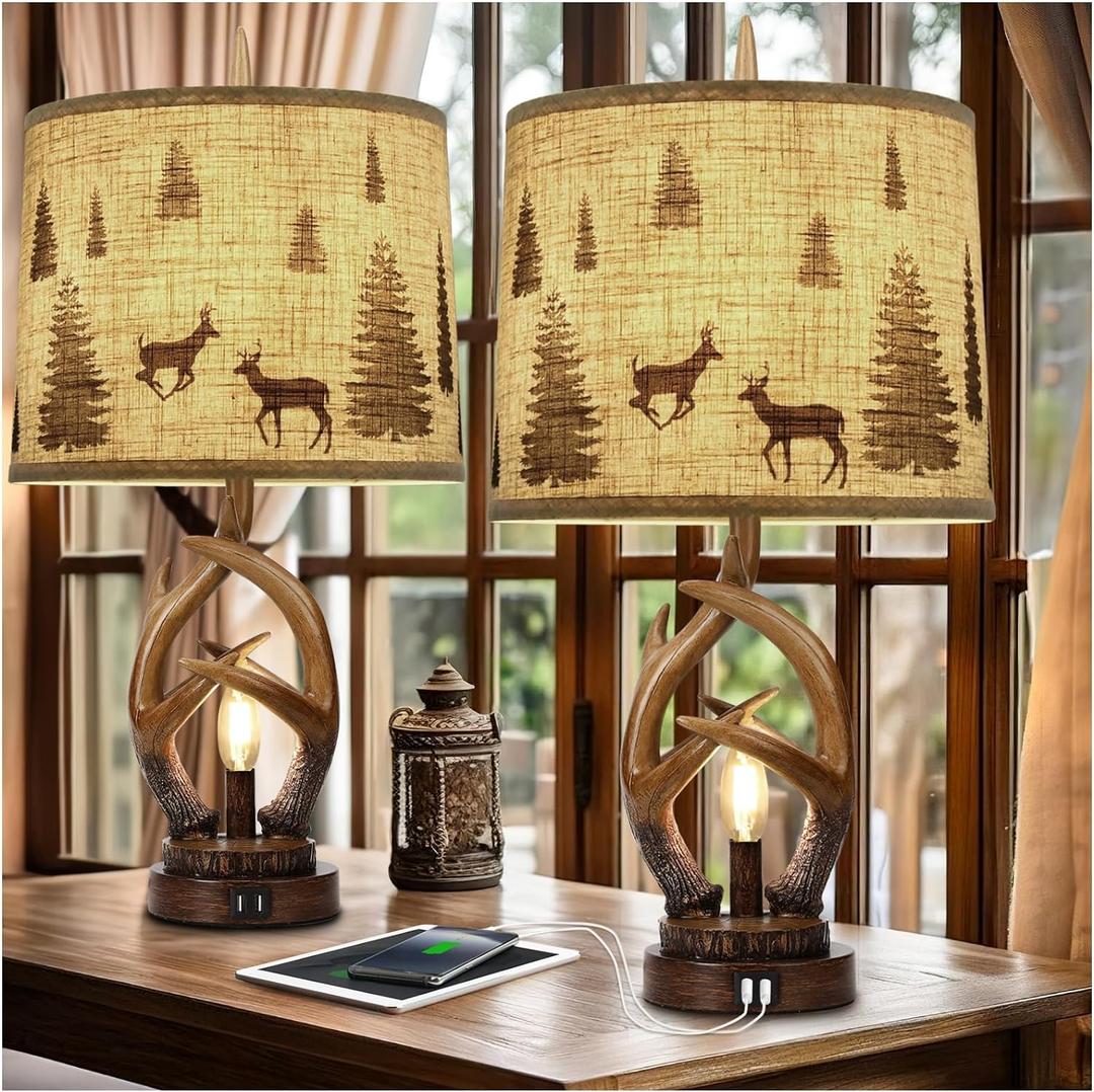 Scenekoy Rustic Farmhouse Antlers Table Lamp Set of 2 with Nightlight Dual USB Ports Linen Fabric Round Shade Bedside Lamp Decor for Living Room Bedroom Office House (Brown)
