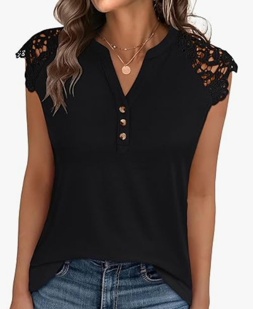 ANRABESS Womens Tops Dressy Casual Lace Cap Sleeve Henley Shirts Summer Sleeveless Button Up Blouses 2026 Spring Outfits, Black, Large