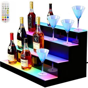 4-Tier LED Lighted Bottle Display Shelf, 23.6"x 15.8"x 12.6" Acrylic Bar Rack with Remote Control & Music Sync, Holds 24 Bottles, RGB 9 Colors for Home Bar, Pub, Party