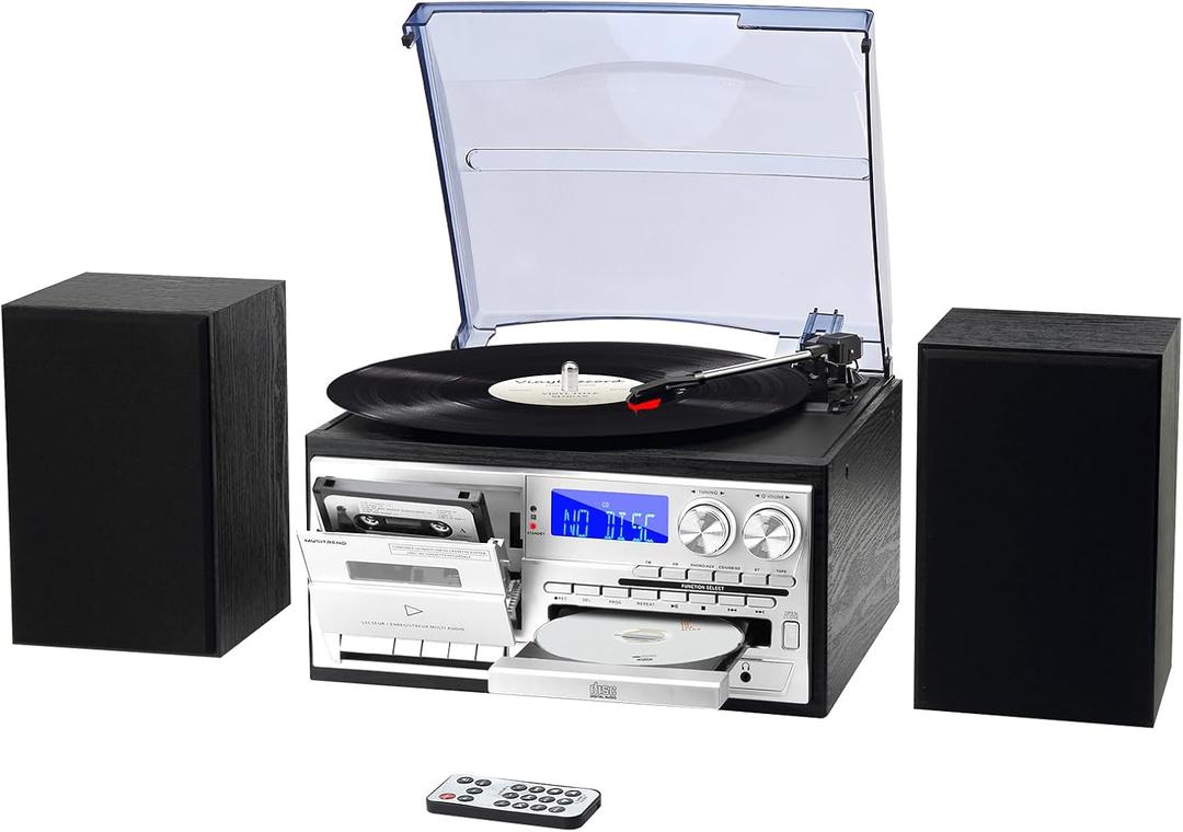 10 in 1 Vintage Record Player with External Speakers, 3 Speed Turntable with Bluetooth, CD Cassette Player, AM FM Radio, USB SD Playback, Remote Control for Home Entertainment, Black