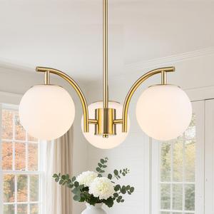 Sputnik Gold Chandelier 3 Lights Globe Milk Glass Pendant Light | Mid Century Adjustable Rod Modern Brass Hanging Light Fixtures for Dining Roon Kitchen Island Foyer