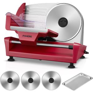 FOHERE 250W Meat Slicer Machine for Home, Electric Food Slicer with Stainless Steel Tray & Three 7.5" Stainless Steel Blade, 0-15mm Precise Thickness Deli Meat Slicer for Bread Fruit Vegetable (Red)