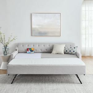 KEIKI Twin Size Upholstery Daybed with Trundle and USB Charging Design, Twin to King Design Mid-Century Extendable Sofa Bed, Easy Assembly, No Box Spring Required, for Living Room and Bedroom, Beige