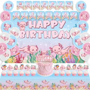 Pink Axolotl Birthday Decorations, Axolotl Backdrop Tablecloth Cake Topper Cupcake Toppers Latex Balloons Under the Sea Bday Party Decors for 1 2 3 4 5 6 Year Old Girl