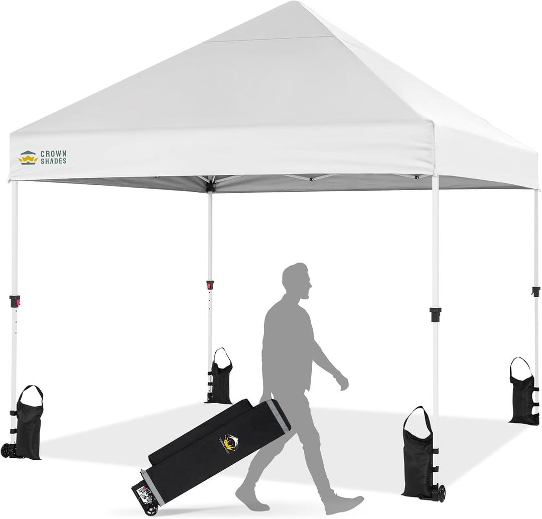 CROWN SHADES Pop Up Canopy Tent, 8x8 Commercial Canopy Tent with 4" Wheels, 4 Upgraded Weights, Patented Centerlock, 400D Strength Oxford Fabric, Sto'N Go Bag, White