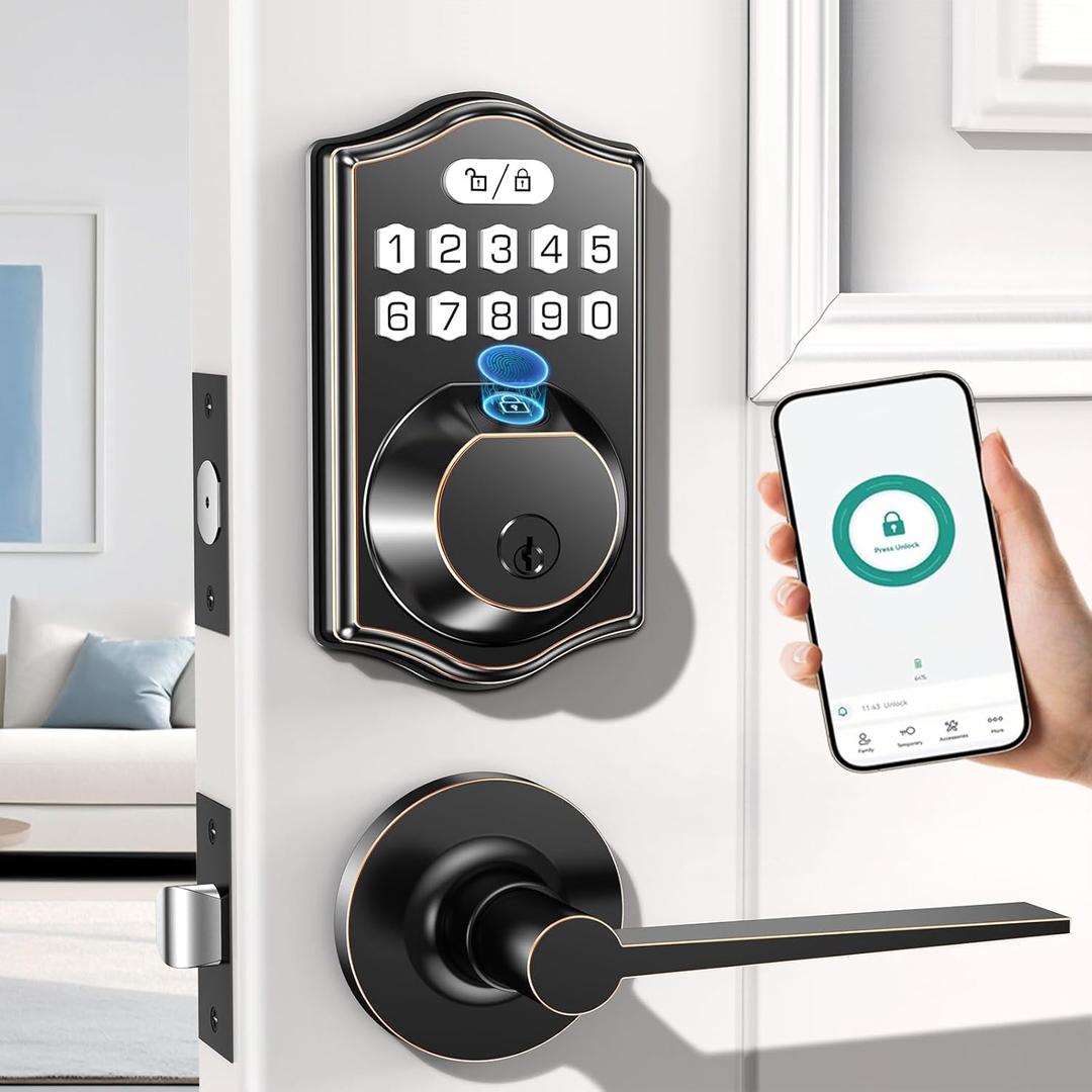 keyless Entry Door Lock deadbolt with Handle Set- Front Door Fingerprint Smart Locks with 2 Lever Handles-Keypad Code Deadbolt -App Control,Auto Lock,Easy to Install (Copper)