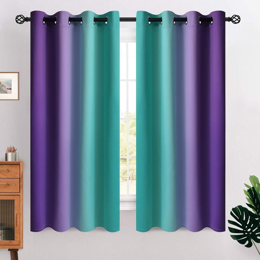 COSVIYA Grommet Ombre Room Darkening Curtains 63 inches Length for Kids/Girls Bedroom, Polyester Light Blocking Teal and Purple Gradient Window Drapes/Curtains for Living Room,2 Panels, 52x63 inches