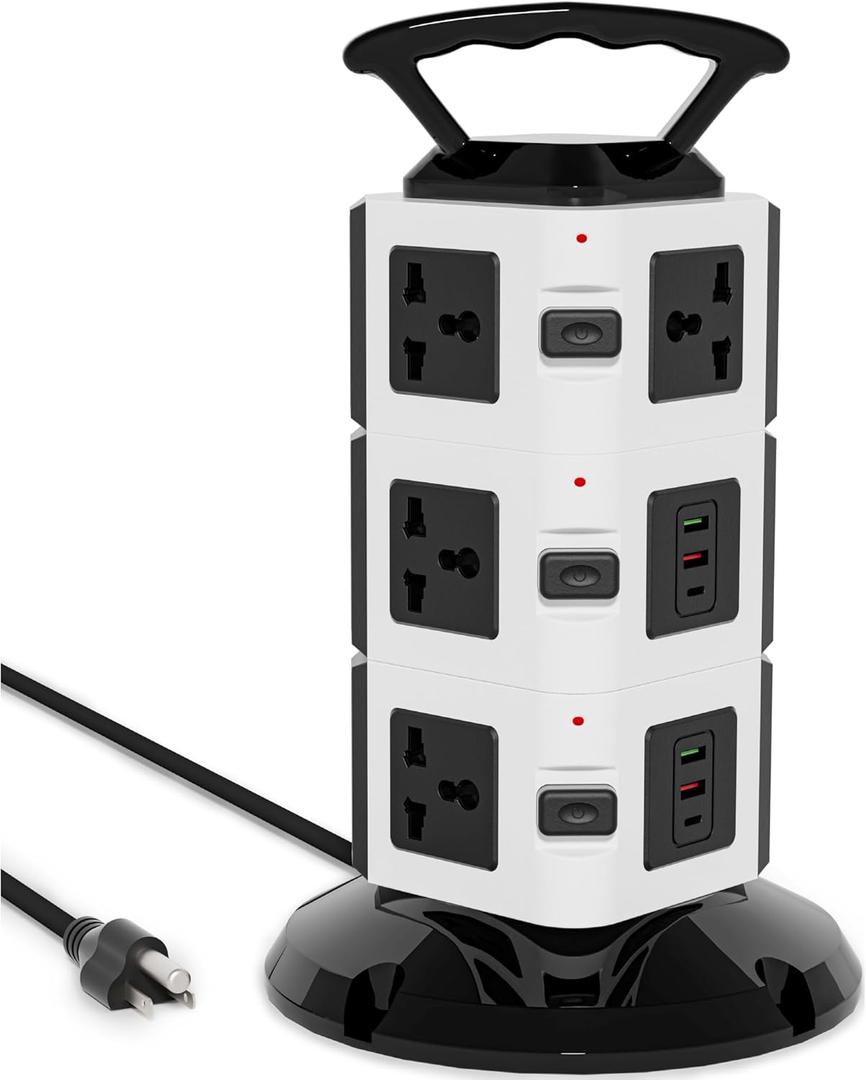 Power Strip Tower with 10 Outlets, 4 USB-A & 2 USB-C Ports, 1875W/15A Heavy Duty Charging Station for Multiple Devices, Plug Tower with 6ft Extension Cord, for Home, Office, Dorm