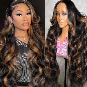 32Inch 13x6 Highlight Body Wave Lace Front Wig Human Hair Pre Plucked 180% Density 1B/30 Ombre Frontal Wigs Brazilian Virgin Human Hair Wigs for Women Pre Plucked with Baby Hair