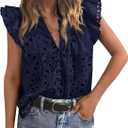 PRETTYGARDEN Womens Summer Tops 2026 Dressy Casual Ruffle Cap Sleeve Button V Neck Embroidered Eyelet Blouses Shirts (Black, S)