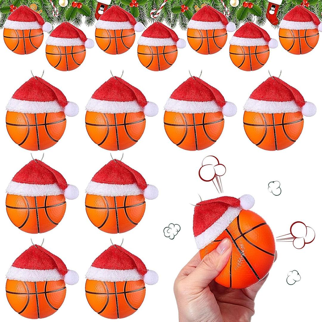 Mini Christmas Basketball Ornament with Red Santa Hat Hanging Foam Sports Balls Decorative Soccer Ornaments for Christmas Tree Xmas Gifts Home Decor Party Supplies
