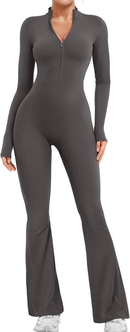 YEOREO Women Long Sleeve Flare Workout Jumpsuit Zip Up Romper Bottom Pants Wide Leg Bodysuit Bodycon Sexy One Piece (Ash)