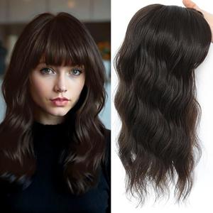 HAITOO Hair Toppers for Women, 18 Inch Toppers Hair Pieces for Women with Thinning Hair Wispy Clip in Bangs 360° 3D Big Coverage Base Curly Wavy (Soft Brown, 18Inch Wispy bangs)