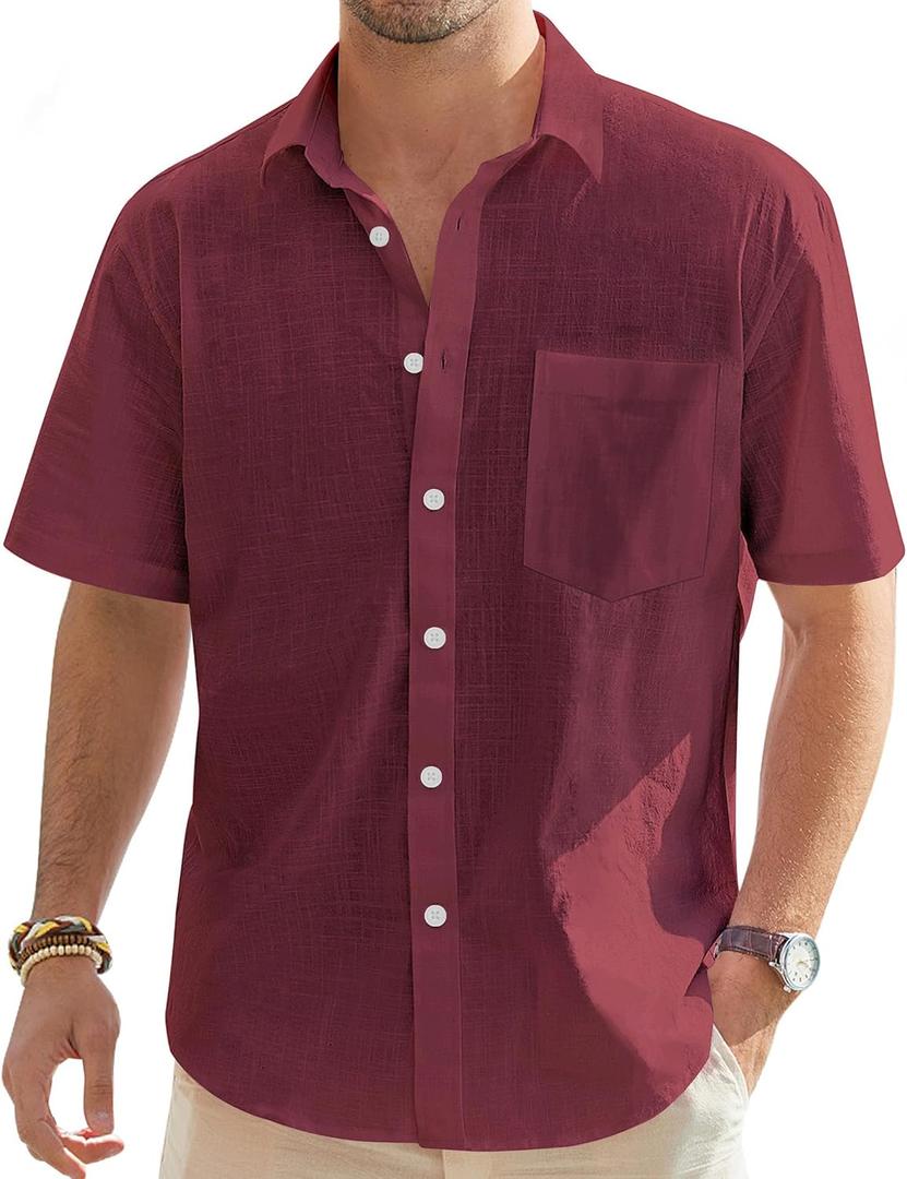 J.VER Men's Linen Short Sleeve Shirts Cotton Casual Lightweight Button Down Shirt Beach Vacation Summer Tops with Pocket (Medium, Burgundy)